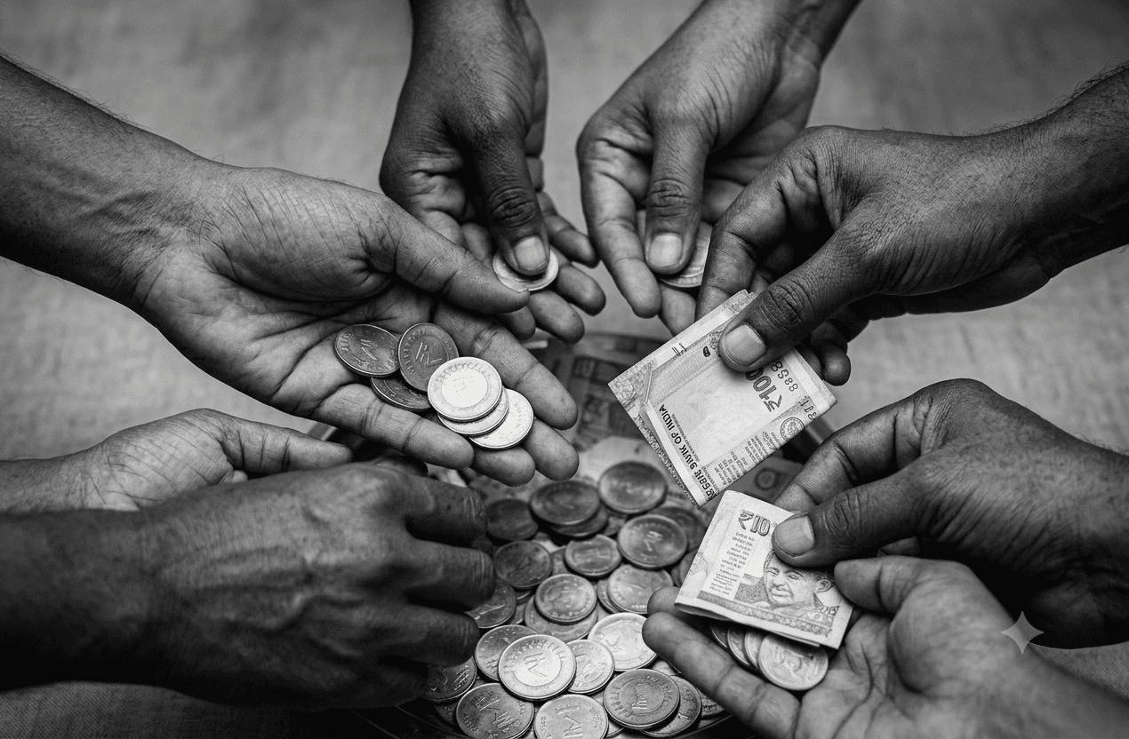 A family gathers around a table, contributing coins to a shared savings pot.
